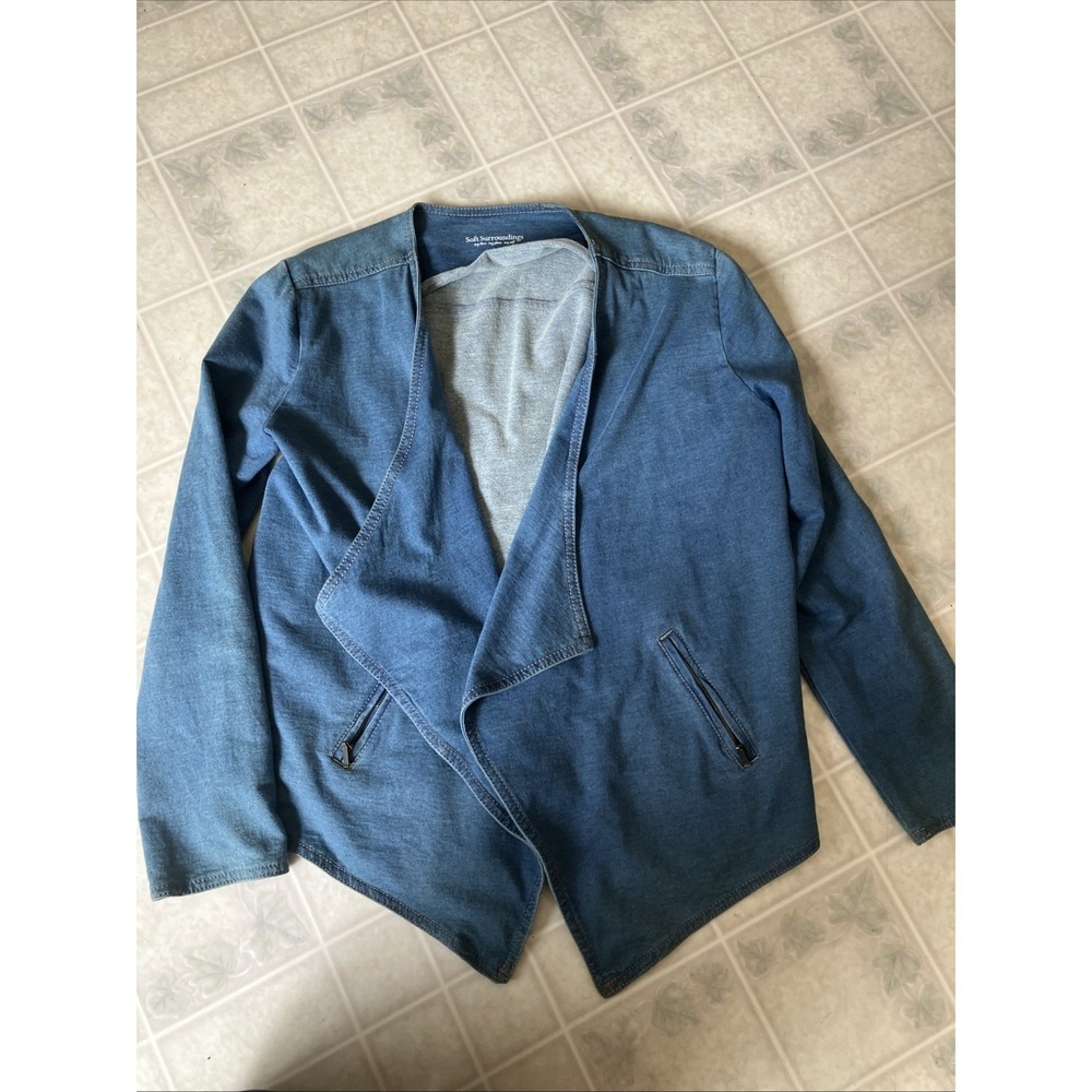 Soft Surroundings Large Blue Chambray Draped Open Soft Zip pocket Sz Large ZAK07